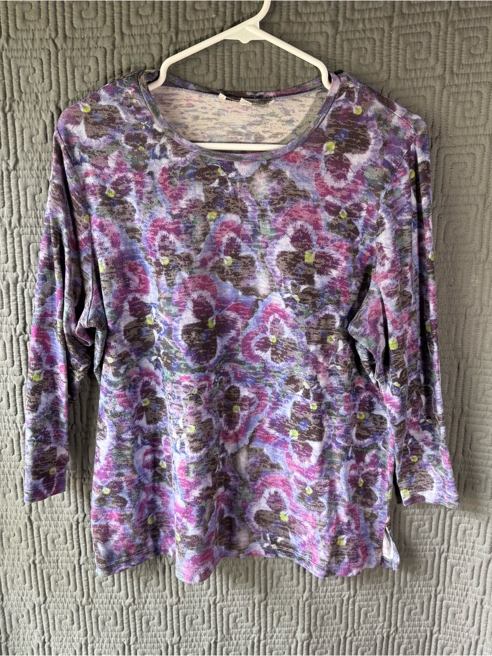 Cathy Daniels Womens Medium Top Purple Floral Watercolor Burnout 3/4 Sleeve